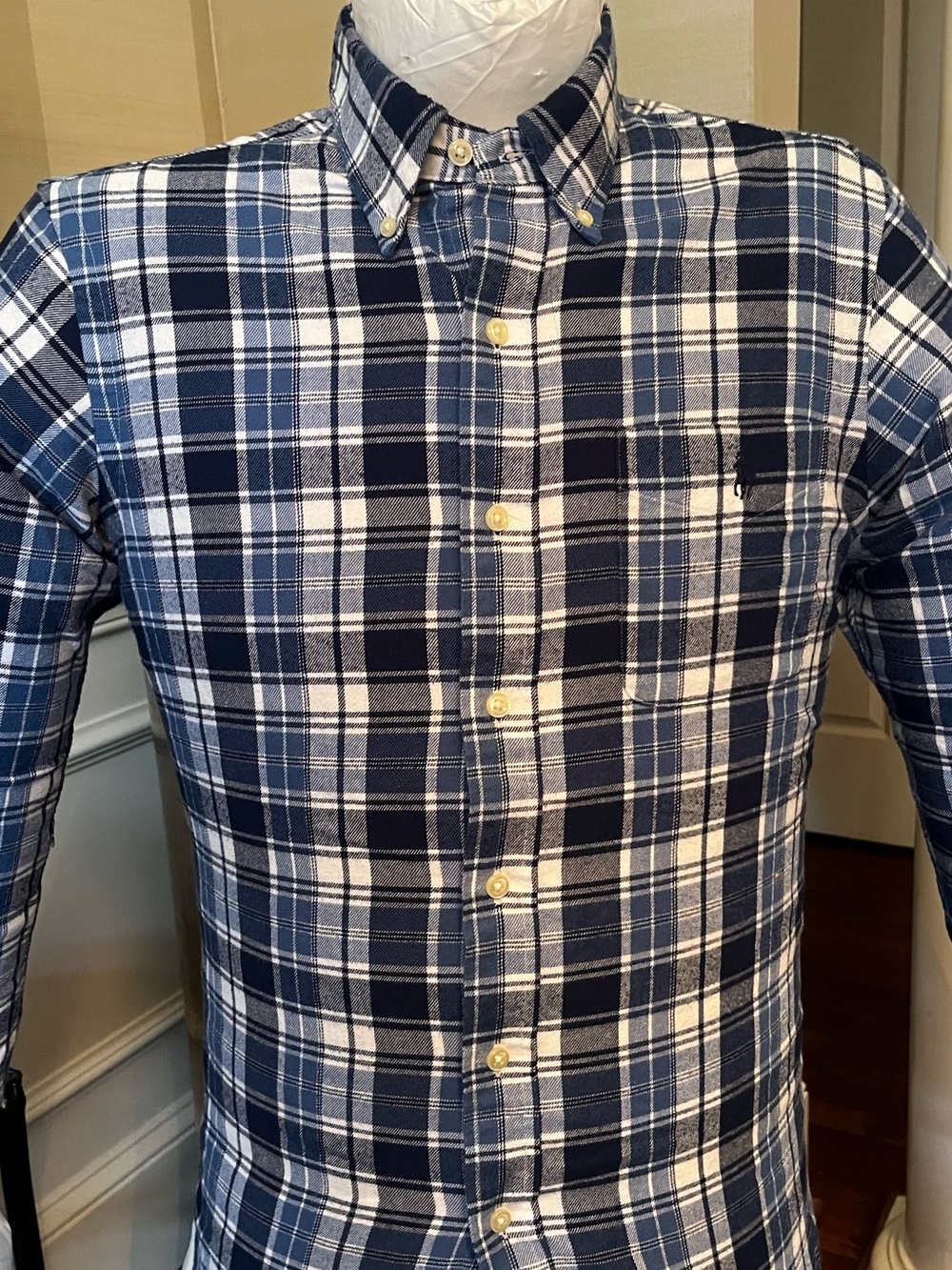 Ralph Lauren Blue and White Plaid flannel performance fit Button-Down Shirt
